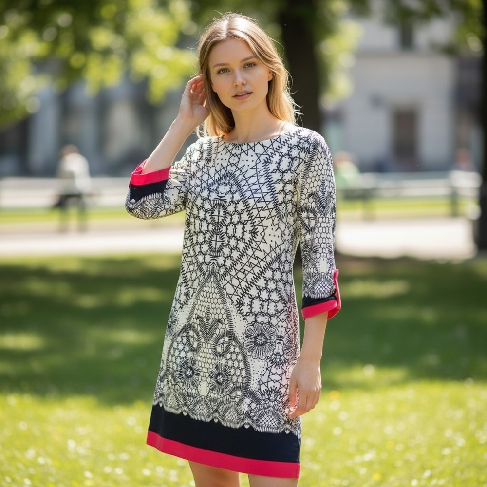 Eliza J Multicolor Shift Dress With / Pink Trim Stretch Mod Dark Coquete Size S